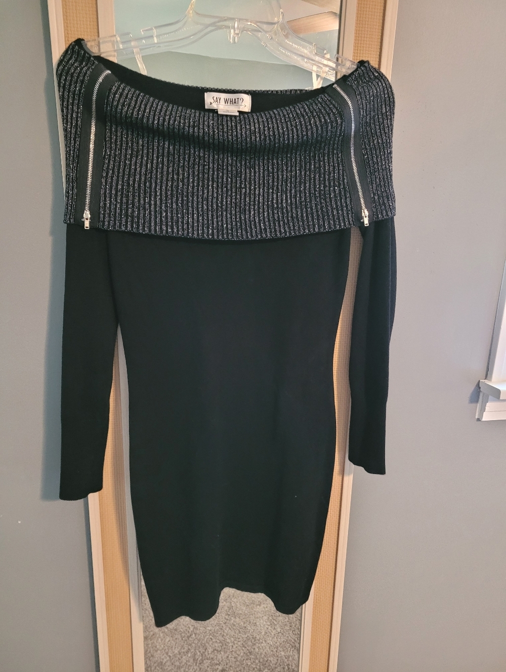 Say What? Black Off-the-Shoulder Sweater Dress with Metallic Ribbed Foldover